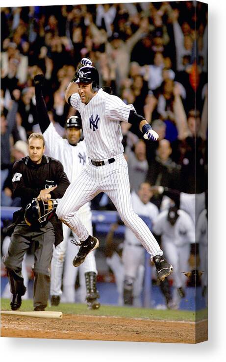 Game Two Canvas Print featuring the photograph Hideki Matsui and Derek Jeter by Al Bello