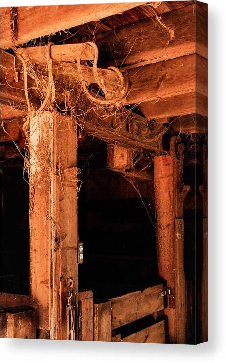 Horse Stable Wood Sepia Web Canvas Print featuring the photograph Horse Stable by John Linnemeyer