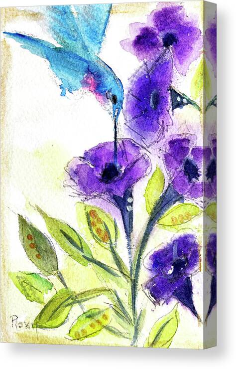 Hummingbird Painting Canvas Print featuring the painting Hummingbird in the Purple Flowers by Roxy Rich