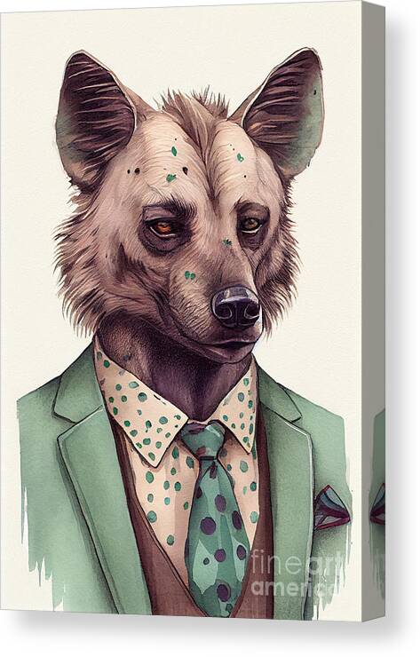 Hyena Canvas Print featuring the painting Hyena in Suit Watercolor Hipster Animal Retro Costume by Jeff Creation