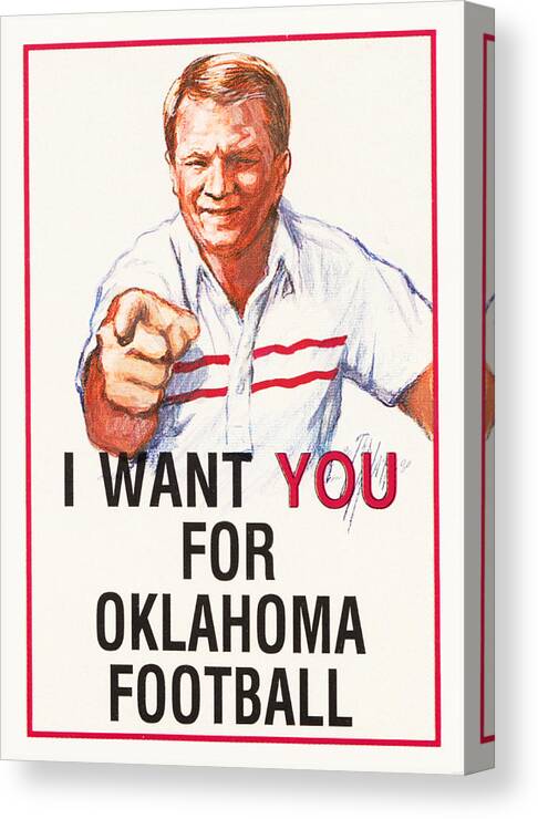 1986 Canvas Print featuring the mixed media I Want You for Oklahoma Football Barry Switzer Poster by Row One Brand
