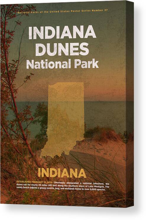 Travel Poster Canvas Print featuring the mixed media Indiana Dunes National Park in Indiana Travel Poster Series of National Parks Number 37 by Design Turnpike