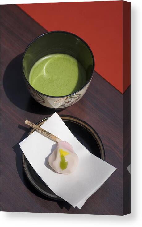 Green Tea Canvas Print featuring the photograph Japanese green tea macha and sweets by Kazuko Kimizuka