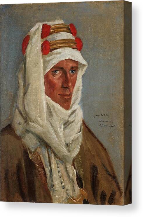 Antique Canvas Print featuring the painting Lieutenant Colonel T E Lawrence, CB, DSO, 1918 A head and shoulders portrait of Lawrence in Arab hea by MotionAge Designs