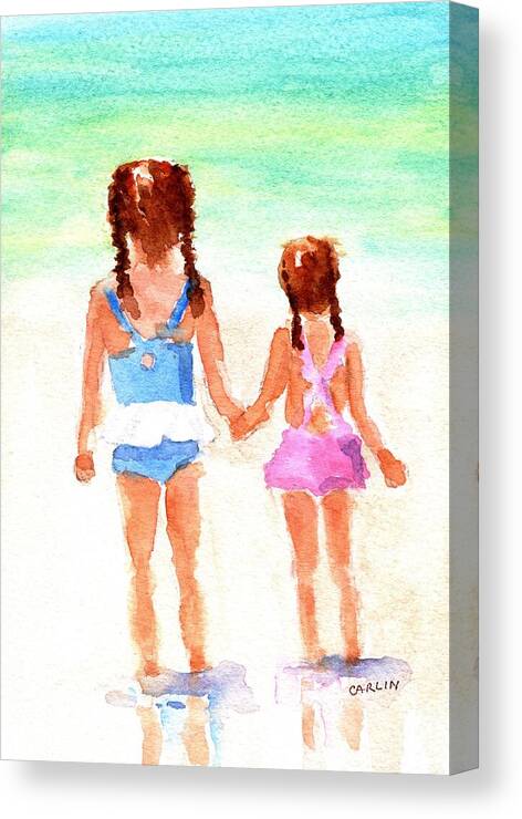 Sisters Canvas Print featuring the painting Little Girls at the Beach by Carlin Blahnik CarlinArtWatercolor