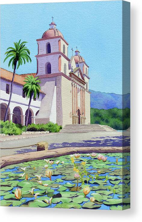 Mission Canvas Print featuring the painting Mission Santa Barbara by Mary Helmreich