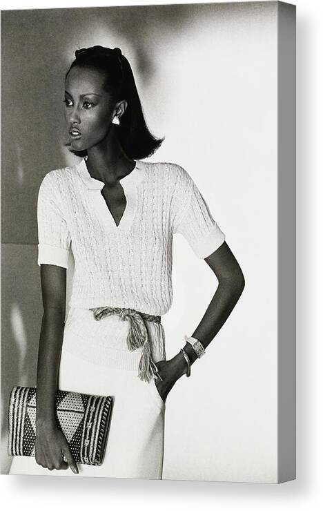 Accessories Canvas Print featuring the drawing Model Iman In A Pierre Cardin Pullover and Skirt by Kourken Pakchanian