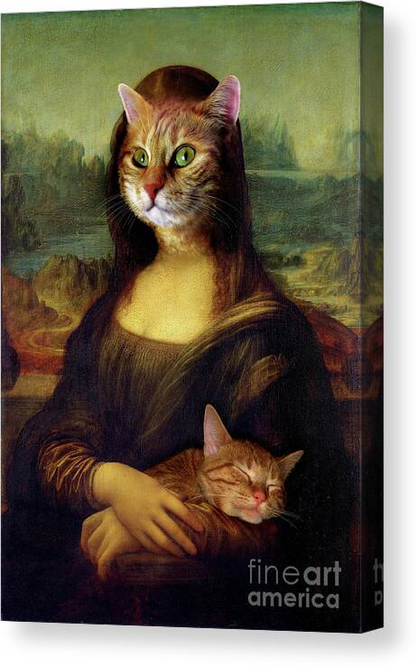 Mona Lisa Canvas Print featuring the mixed media Mona Lisa Orange Cat by Lucie Dumas