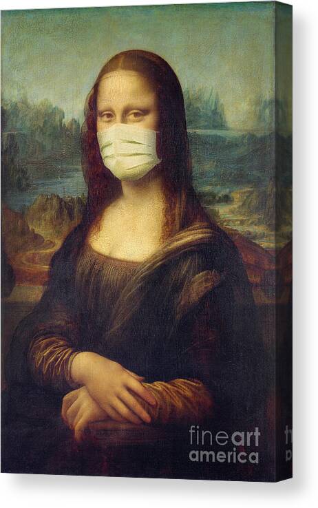Mona Lisa Canvas Print featuring the painting Mona Lisa wearing a mask by Delphimages Photo Creations