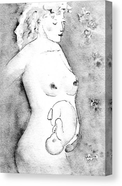 Pregnant Canvas Print featuring the painting Mother and Fetus Black and White by Carlin Blahnik CarlinArtWatercolor