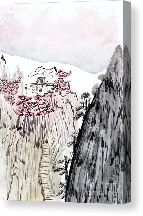 Asian Art Canvas Print featuring the painting Mountain Asian House Watercolor by Donna Mibus