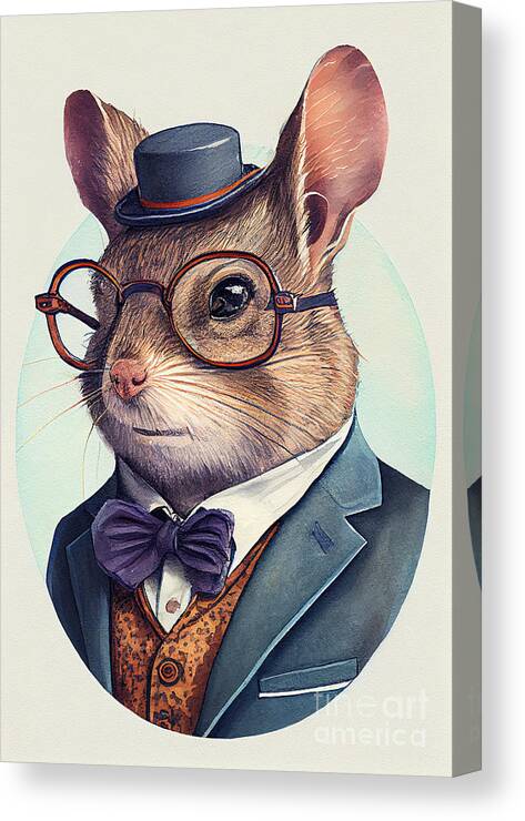 Mouse Canvas Print featuring the painting Mouse in Suit Watercolor Hipster Animal Retro Costume by Jeff Creation