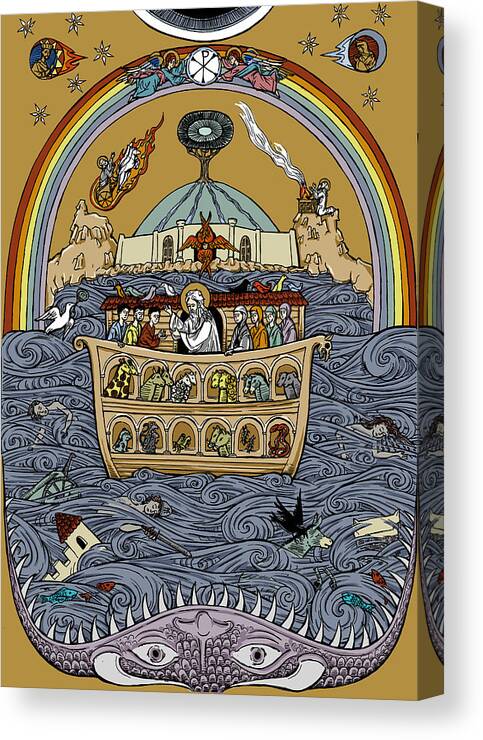 Illustration Canvas Print featuring the drawing Noah and the Cosmic Flood in Color by Jonathan Pageau Illustration Canvas Print featuring the drawing Noah and the Cosmic Flood in Color by Jonathan Pageau