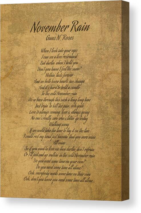 November Rain by Guns N Roses Vintage Song Lyrics on Parchment Canvas Print  / Canvas Art by Design Turnpike - Instaprints