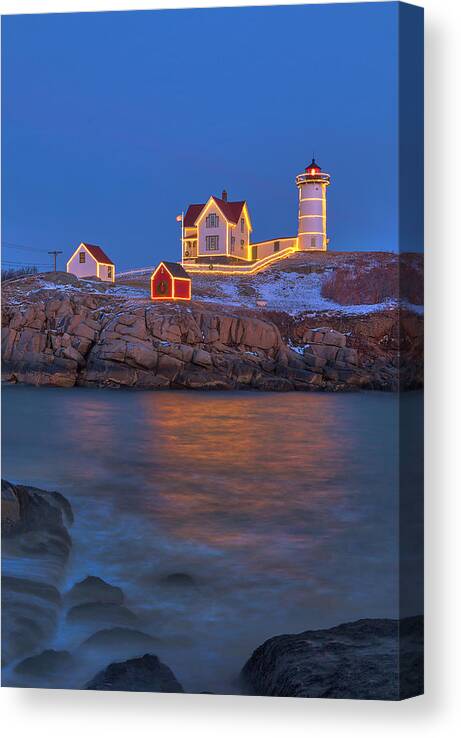 Nubble Lighthouse Canvas Print featuring the photograph Nubble Lighthouse with Holidays Decoration by Juergen Roth