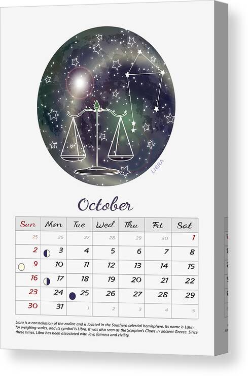 Moon Calendar October 2022 October 2022 Calendar Moon Phase Calendar 2022 Libra Star Sign Libra Wall  Art Constellation Calendar Canvas Print / Canvas Art By Svitlana Ostrovska  And Olena Mishyna