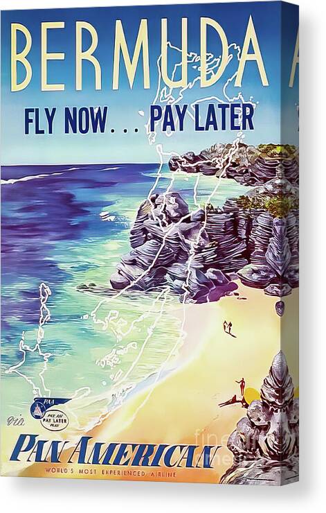 Pan Am Canvas Print featuring the drawing Pan Am Bermuda Travel Poster 1950 by M G Whittingham