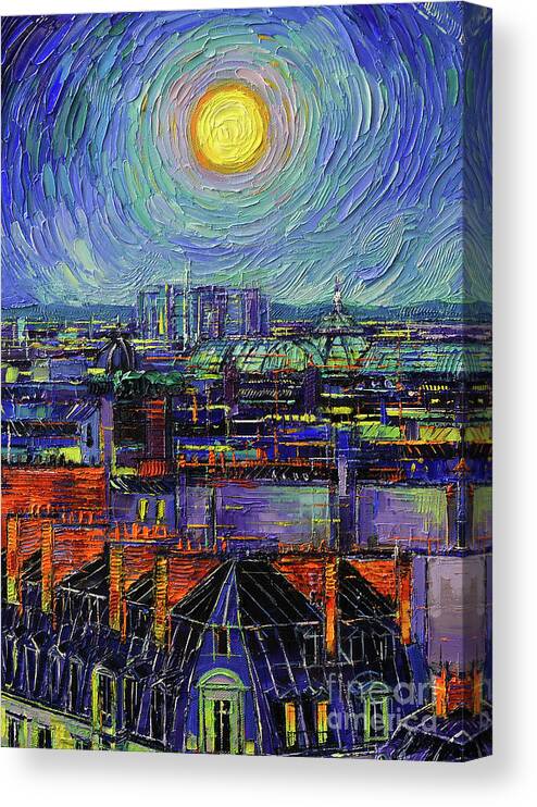 Paris Roofs In Moonlight Canvas Print featuring the painting PARIS ROOFS IN MOONLIGHT oil painting Mona Edulesco by Mona Edulesco