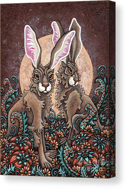 Hare Canvas Print featuring the painting Peach Moon Provocateurs by Amy E Fraser