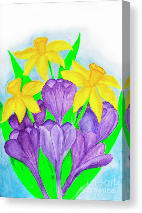 Flower Canvas Print featuring the painting Purple crocuses and yellow daffodiles by Irina Afonskaya