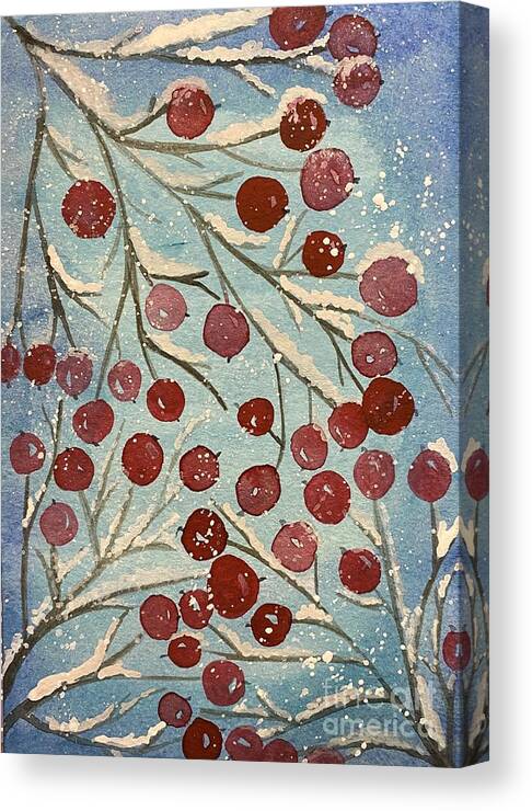 Red Berries Canvas Print featuring the painting Red Berries in Snow by Lisa Neuman
