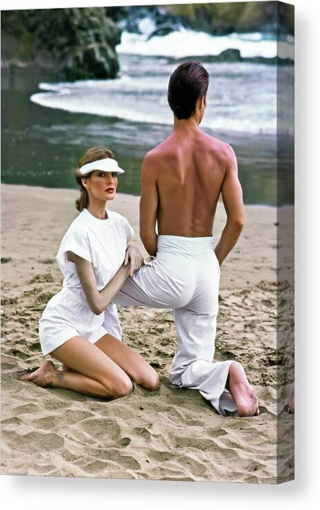 Fashion Canvas Print featuring the photograph Rene Russo in a White Romper by Francesco Scavullo