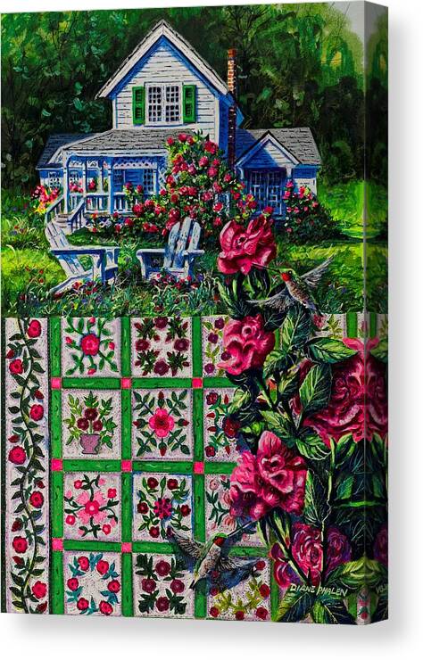 A Patchwork Quilt Of Traditional Rose Patterns In A Rose Garden With Hummingbirds Canvas Print featuring the painting Rose Garden by Diane Phalen
