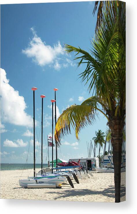 Row Of Sailboats On Beach Photo Canvas Print featuring the photograph Row of Sailboats by Bob Pardue