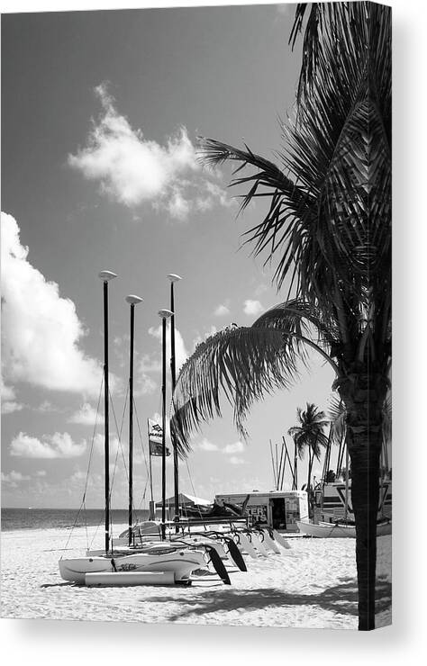 Row Of Sailboats On Beach Photo Canvas Print featuring the photograph Row of Sailboats BW by Bob Pardue