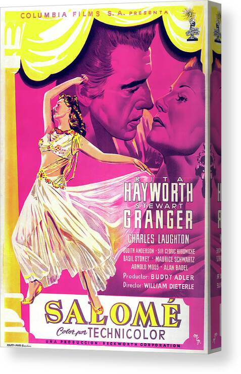 Rita Hayworth Canvas Print featuring the mixed media ''Salome'' 2, with Rita Hayworth and Stewart Granger, 1953 by Movie World Posters