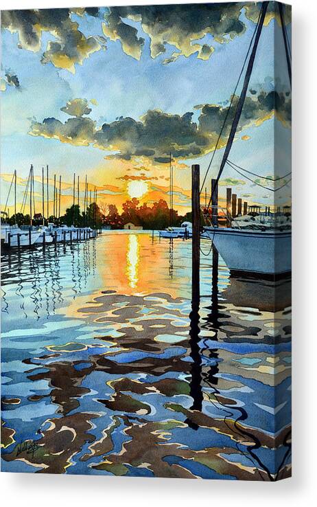 Watercolor Canvas Print featuring the painting Salt Water Sunset by Mick Williams