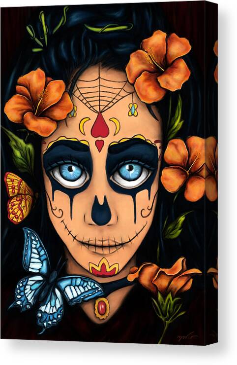 Santa Muerte Canvas Print featuring the painting Santa muerte with flowers and butterfly portrait, Day of the dead by Nadia CHEVREL