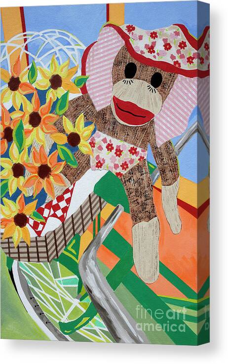 Baby Sock Monkey Painting Canvas Print featuring the painting Sock Monkey and The Green Bike by Jane Crabtree