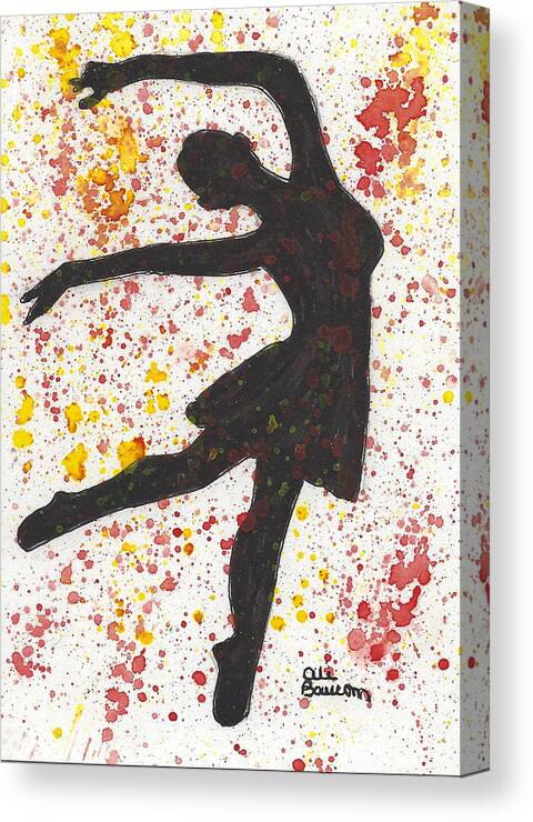 Silhouette Canvas Print featuring the painting Splash Dance Black Silhouette of a Dancer against Splashes of Yellows and Reds by Ali Baucom