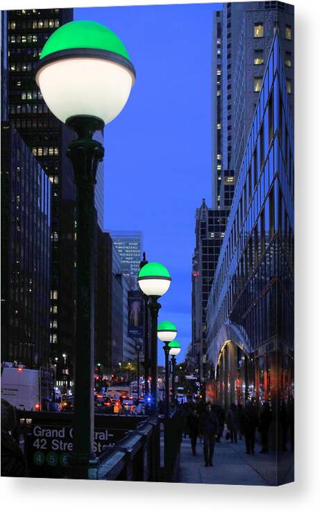 New York City Canvas Print featuring the photograph Subway Globes at Twilight - A Manhattan Impression by Steve Ember