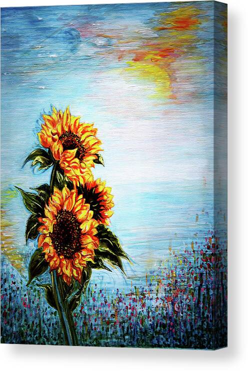 Sunflowers Canvas Print featuring the painting Sunflowers - Where Ocean meets the Sky by Harsh Malik