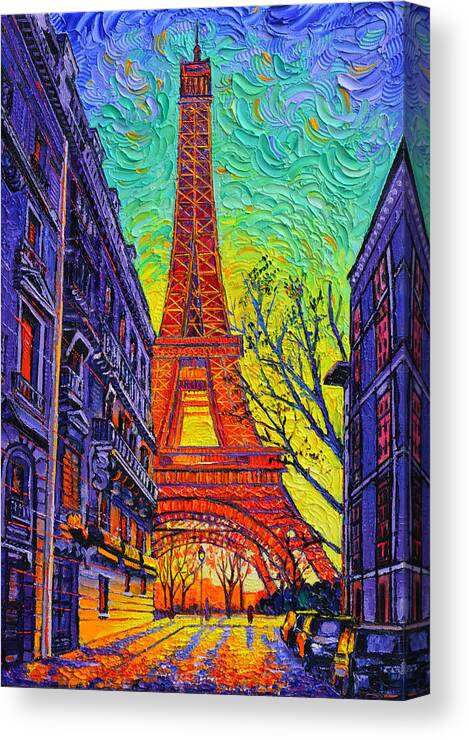 Paris Canvas Print featuring the painting SUNSET ON RUE DE L' UNIVERSITE PARIS EIFFEL TOWER textural impressionism art Ana Maria Edulescu by Ana Maria Edulescu
