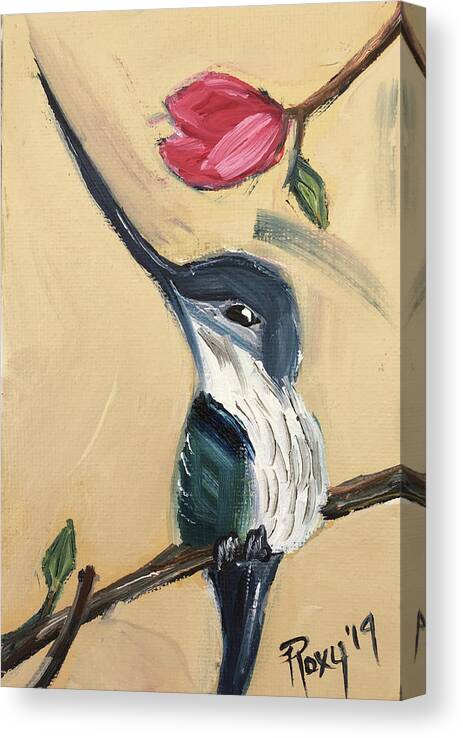 Sword Billed Hummingbird Canvas Print featuring the painting Sword Billed Hummingbird by Roxy Rich
