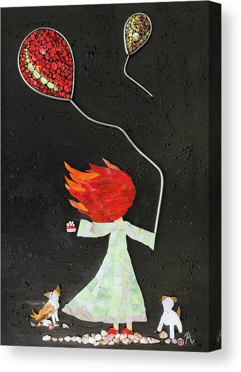 Girl Canvas Print featuring the glass art The girl with two balloons and two small dogs by Adriana Zoon