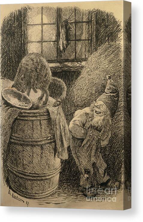 Theodor Kittelsen Canvas Print featuring the drawing The pixie stands and laughs malicious of the cat that is standing on a barrel and has been cheated by O Vaering by Theodor Kittelsen