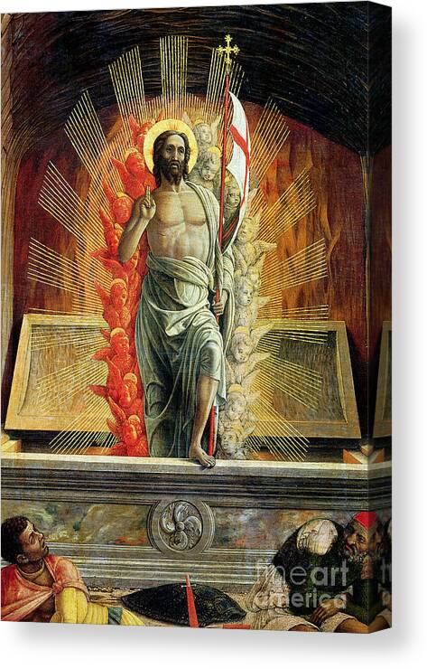 Mantegna Canvas Print featuring the painting The Resurrection, right hand predella panel from the Altarpiece of St Zeno of Verona by Andrea Mantegna
