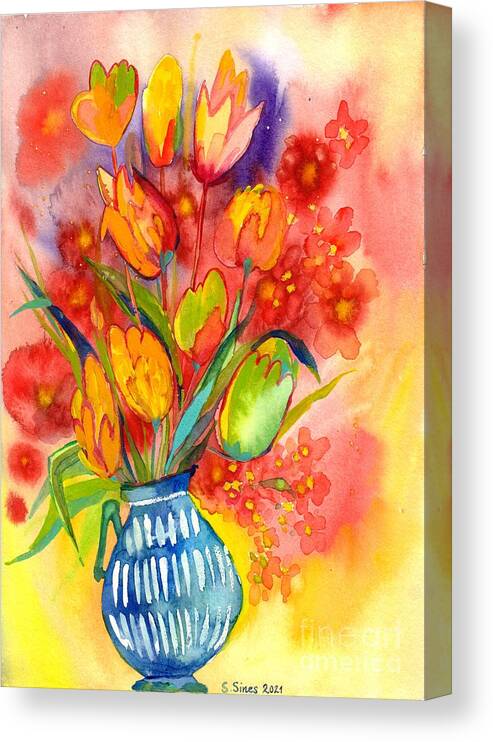 Striped Vase Canvas Print featuring the painting Tulips And Poppies In Striped Vase by Suzann Sines