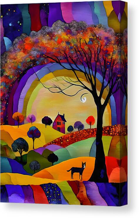 Home Canvas Print featuring the mixed media Walking Home with my Dog by Ann Leech