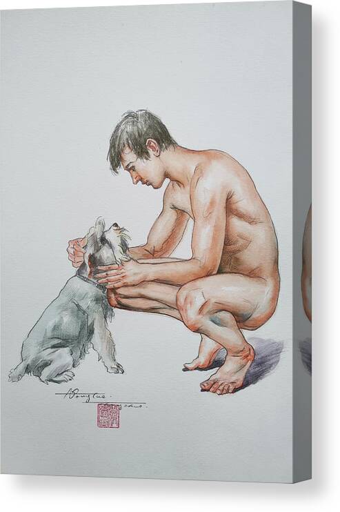 Male Nude Canvas Print featuring the painting watercolor -Man and dog #20711 by Hongtao Huang