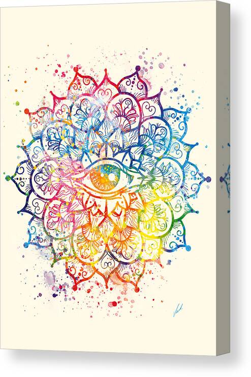 Watercolor Canvas Print featuring the painting Watercolor mandala, EYE of CONSCIOUSNESS by Vart by Vart
