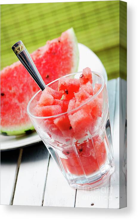 Watermelon Canvas Print featuring the photograph Watermelon slice and melon sweet dessert smoothie on white table by Jelena Jovanovic