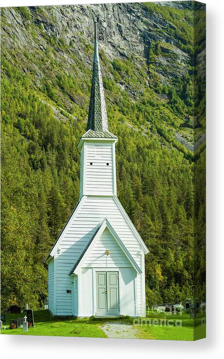 Norwegian Canvas Print featuring the photograph White Norwegian church at Jostedal, Norway by Neale And Judith Clark