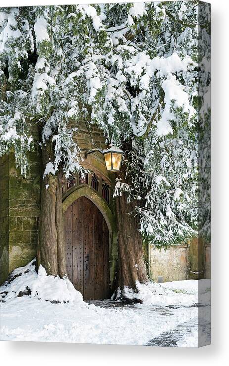 Stow On The Wold Canvas Print featuring the photograph Winter Yew Trees Stow on the Wold Church by Tim Gainey