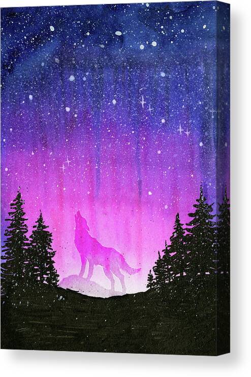 Wolf Canvas Print featuring the painting Wolf Howling in Pink Galaxy Forest by Olga Shvartsur