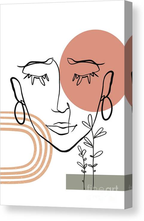Woman Canvas Print featuring the drawing Woman face one line drawing. contemporary template with abstract shapes, tropical leaves modern art by Mounir Khalfouf